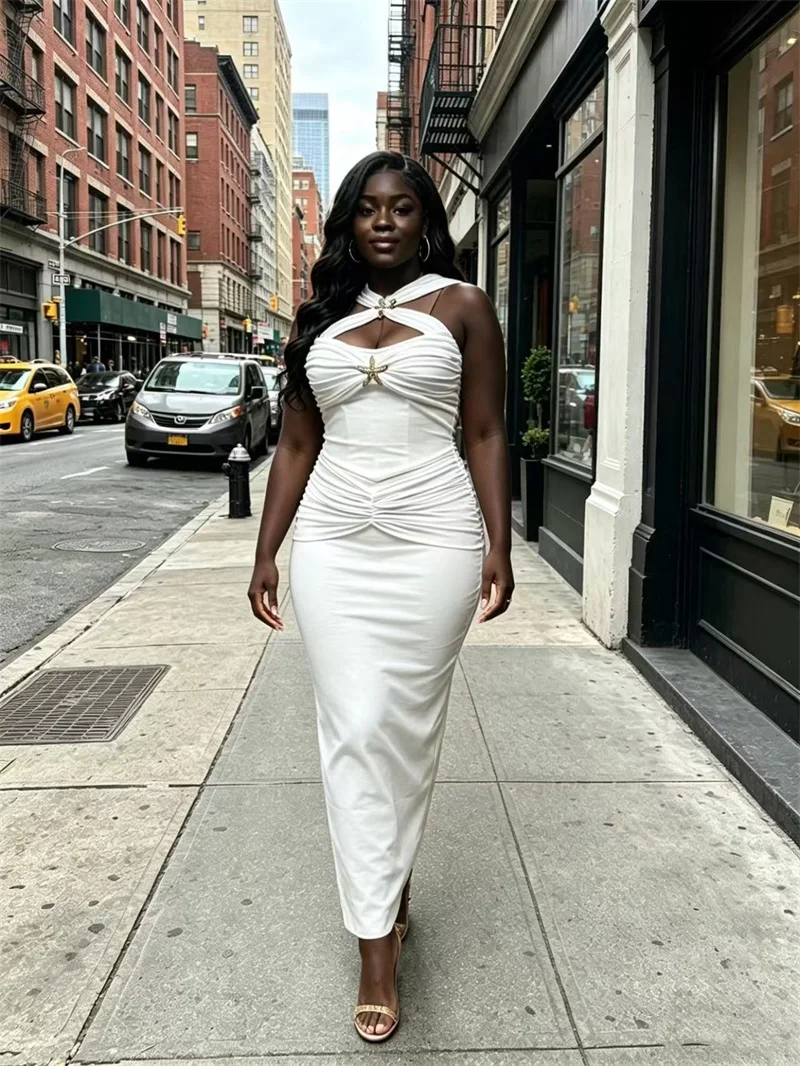 Sexy White Sheath Prom Dress Halter Sleeveless Star Long Party Gown Cotton Hollow Formal Bridal Wedding Birthday Robe