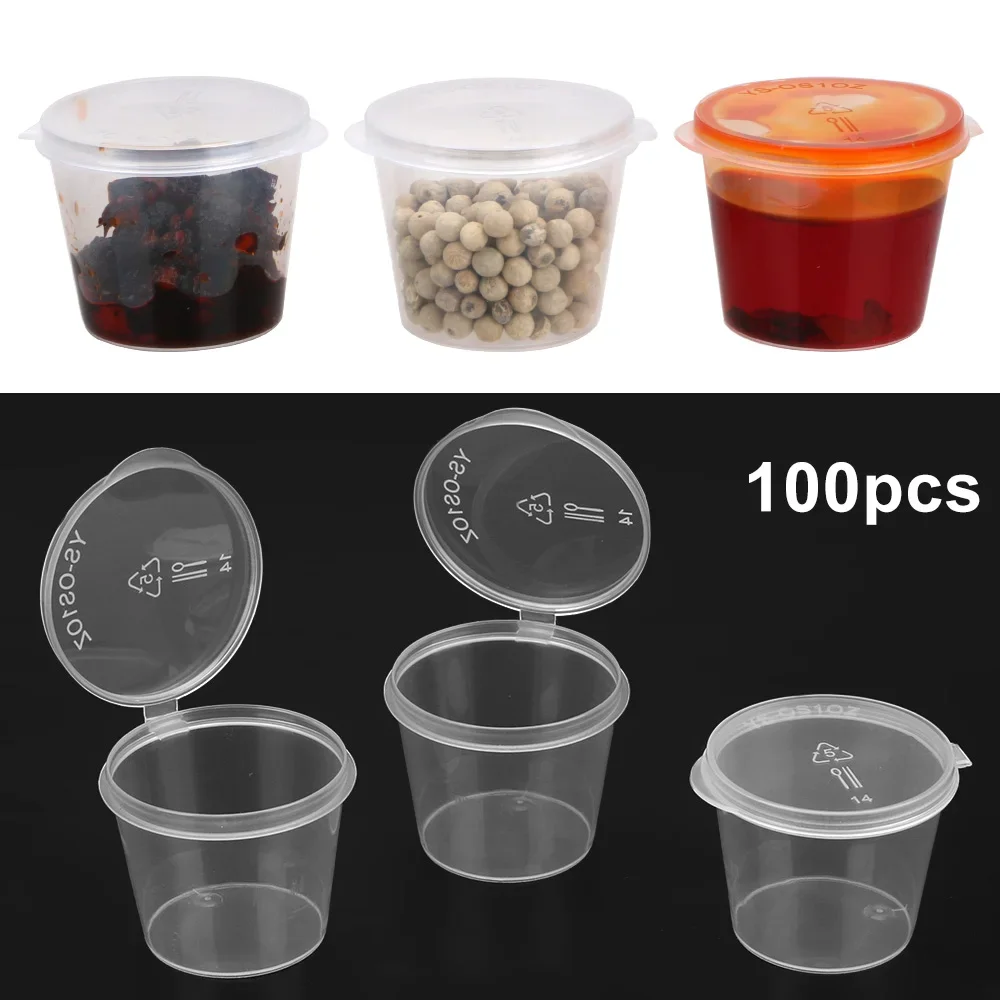 100 Uds. Vasos de plástico transparente para salsa con tapas, recipientes desechables para alimentos, macetas Chili Chutney