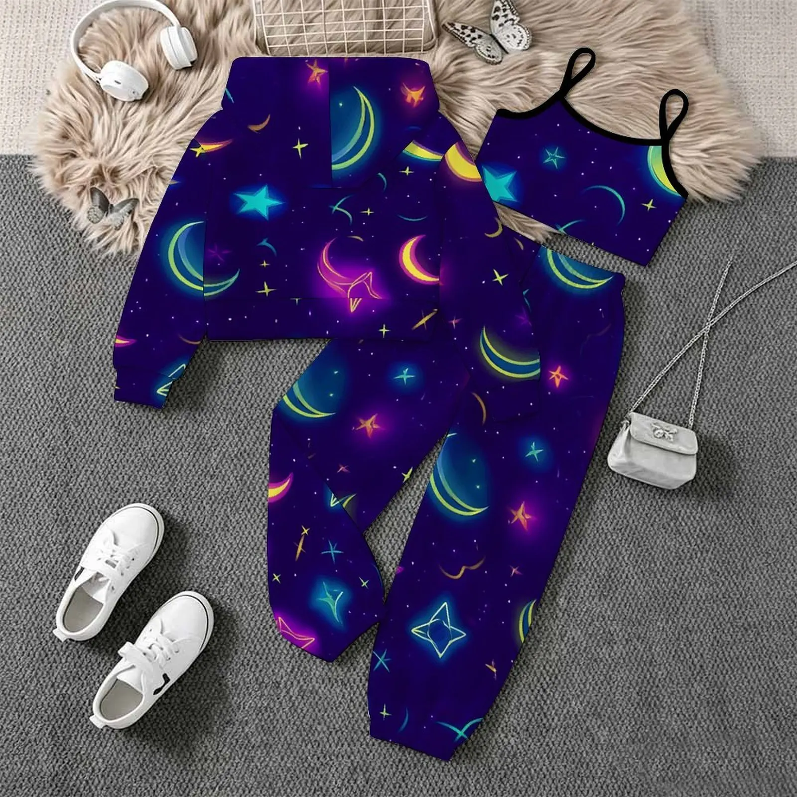 3pcs Autumn Coats Winter Jogging Pants Girls Daily Wear Retro Three-Piece Set Children's Tops Fashion Vest Print Trousers
