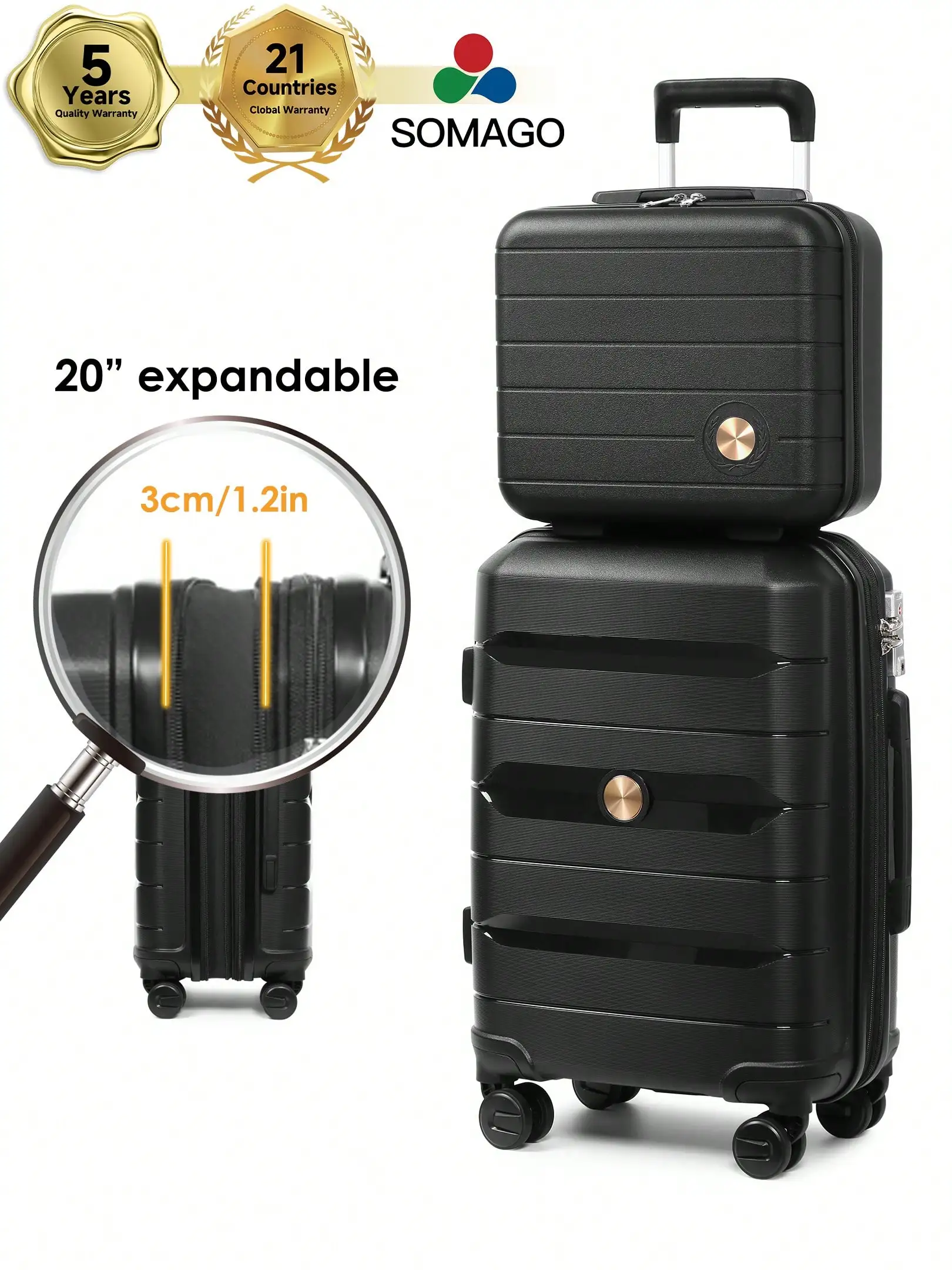 2‑Piece Luggage Set,20 Inch PP Hardside Carry‑On Suitcase plus 14 Inch Cosmetic Case,Waterproof Rolling Travel Luggage with 360° Spinner Wheels,YKK Zipper & TSA Lock,Lightweight Hard Shell Travel Set for Women for Business,Vacation & Weekend Trips
