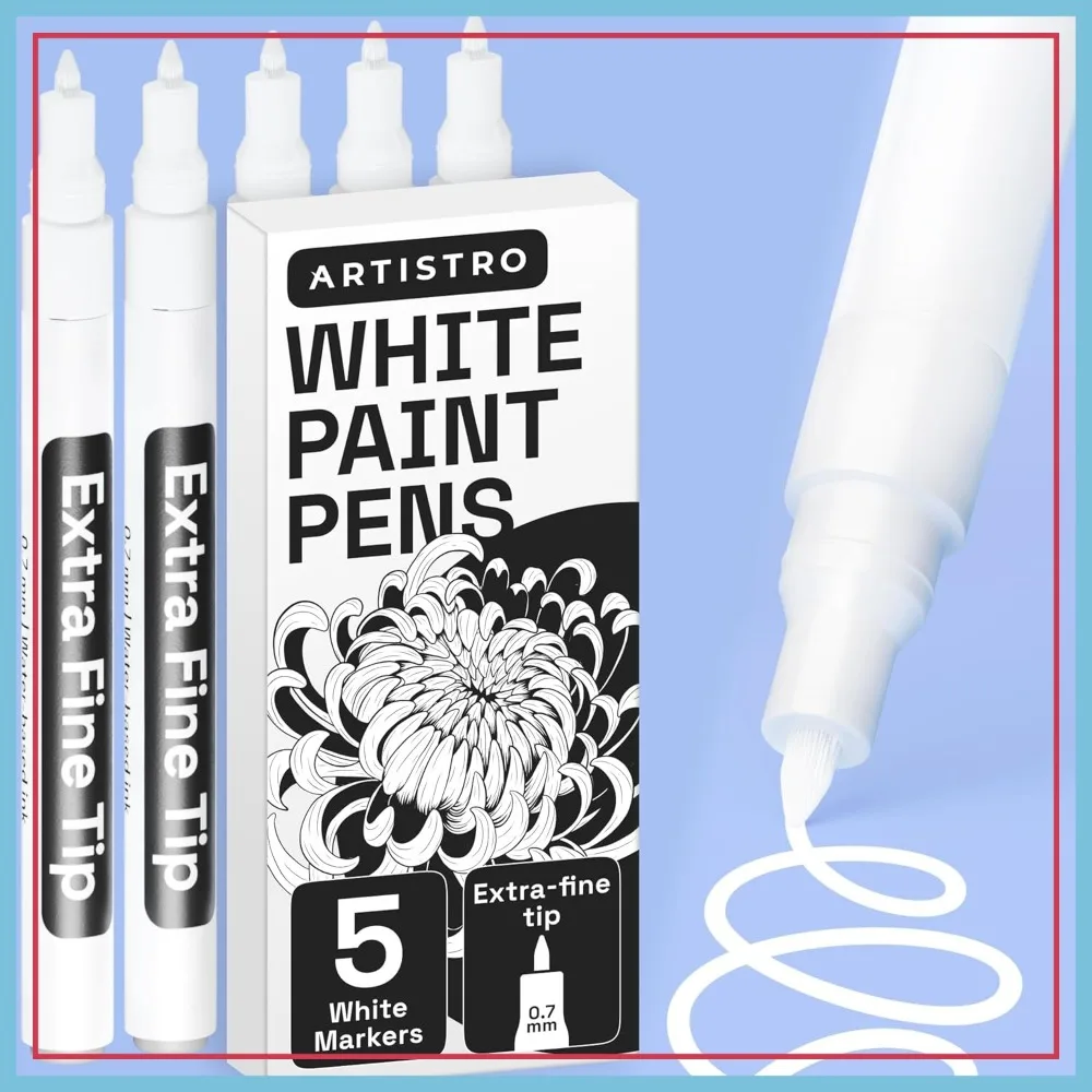 

5 White Acrylic Paint Markers for Rock, Glass, Wood, Fabric, Metal - Water-Based, Fine Tip