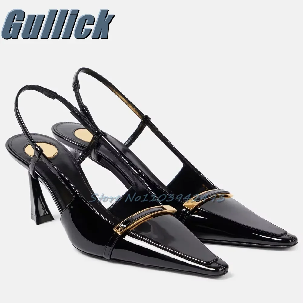 

2025 Patent Leather Heels Strange Style Black Heeled Sandals Sqaure Toe Metal Decor Women Luxury Shoes Designer Summer Sandalias