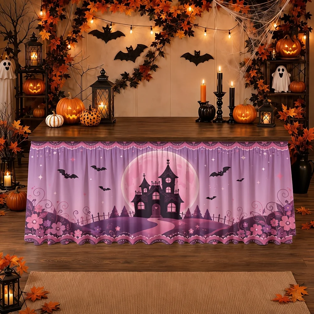 2D Flat Banner with Tablecloth Skirt, 1 Piece, Halloween Haunted House Pink Moon Butterfly Flower Lace Gothic