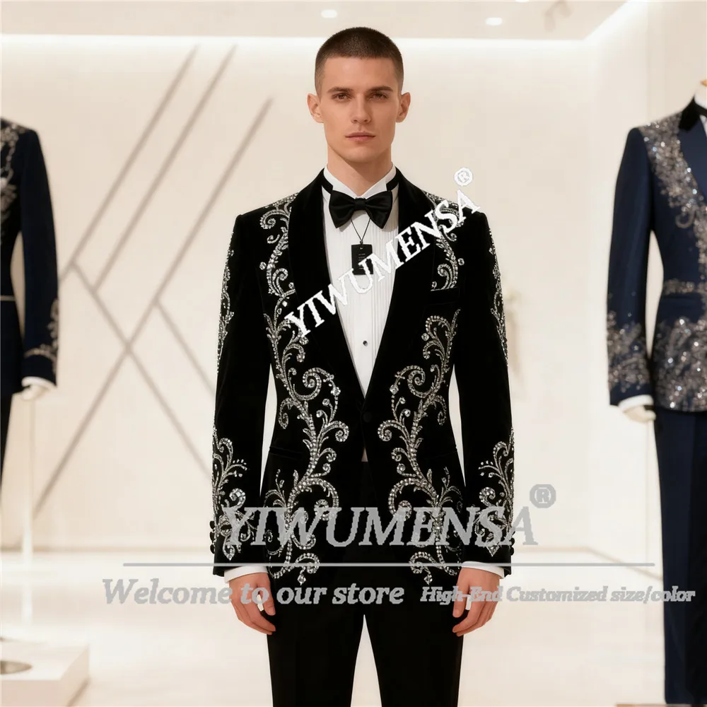 

Luxury Diamond Beaded Sui Men For Wedding Velvet Groom Blazers Customized 2 Pieces Sets Costume Homme Man Wedding Tuxedos Outfit