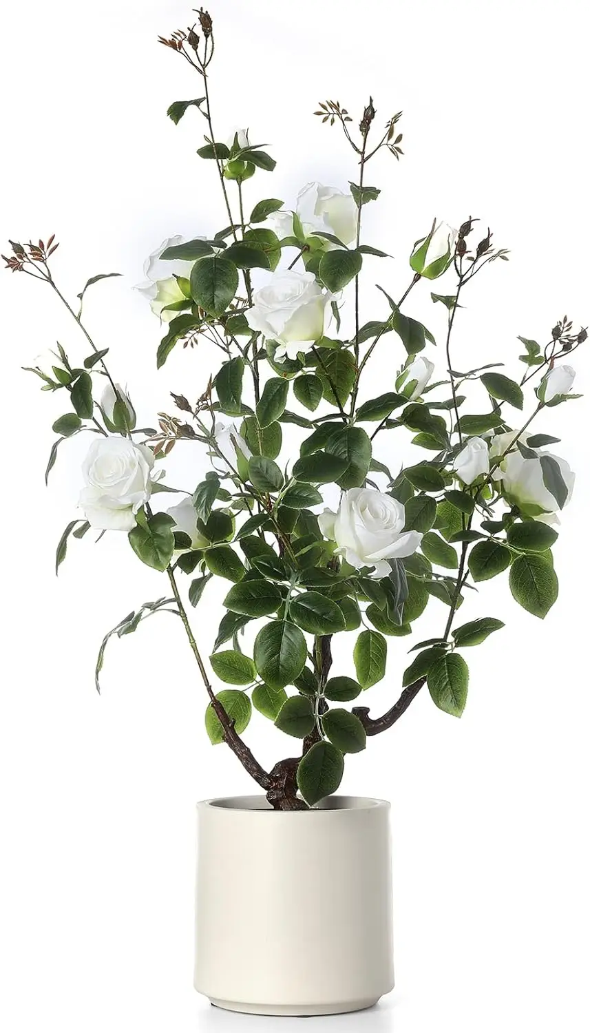 43Inch Artificial Camellia Tree,A Simulated Floral Plant Blooming In A White Pot Potted Home Porch Decoration For Indoor