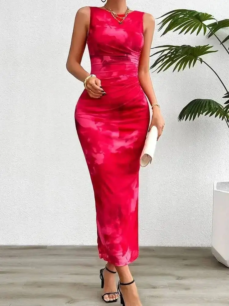 Women's 2025 Spring Summer New Fashionable Printed Round Neck Style Slimming Sleeveless Tight Dress With Split Bottom W9K8