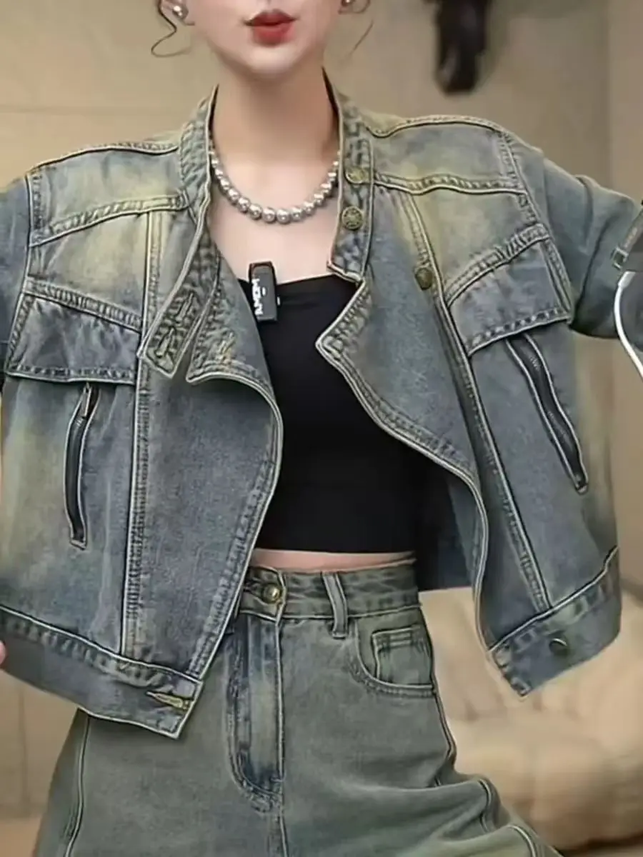 Retro Stand-Up Collar Denim Jacket Design 2026 Spring And Autumn Loose New Jacket Small Short Top
