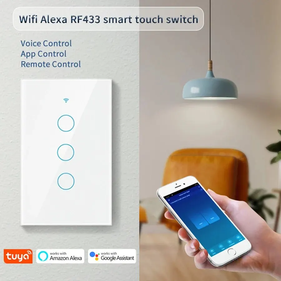 AMMTOO Tuya WiFi Smart Light Switch US 120 Type Wireless Wall Touch Panel 1/2/3 Gang Support Alexa Google Home Smart Life