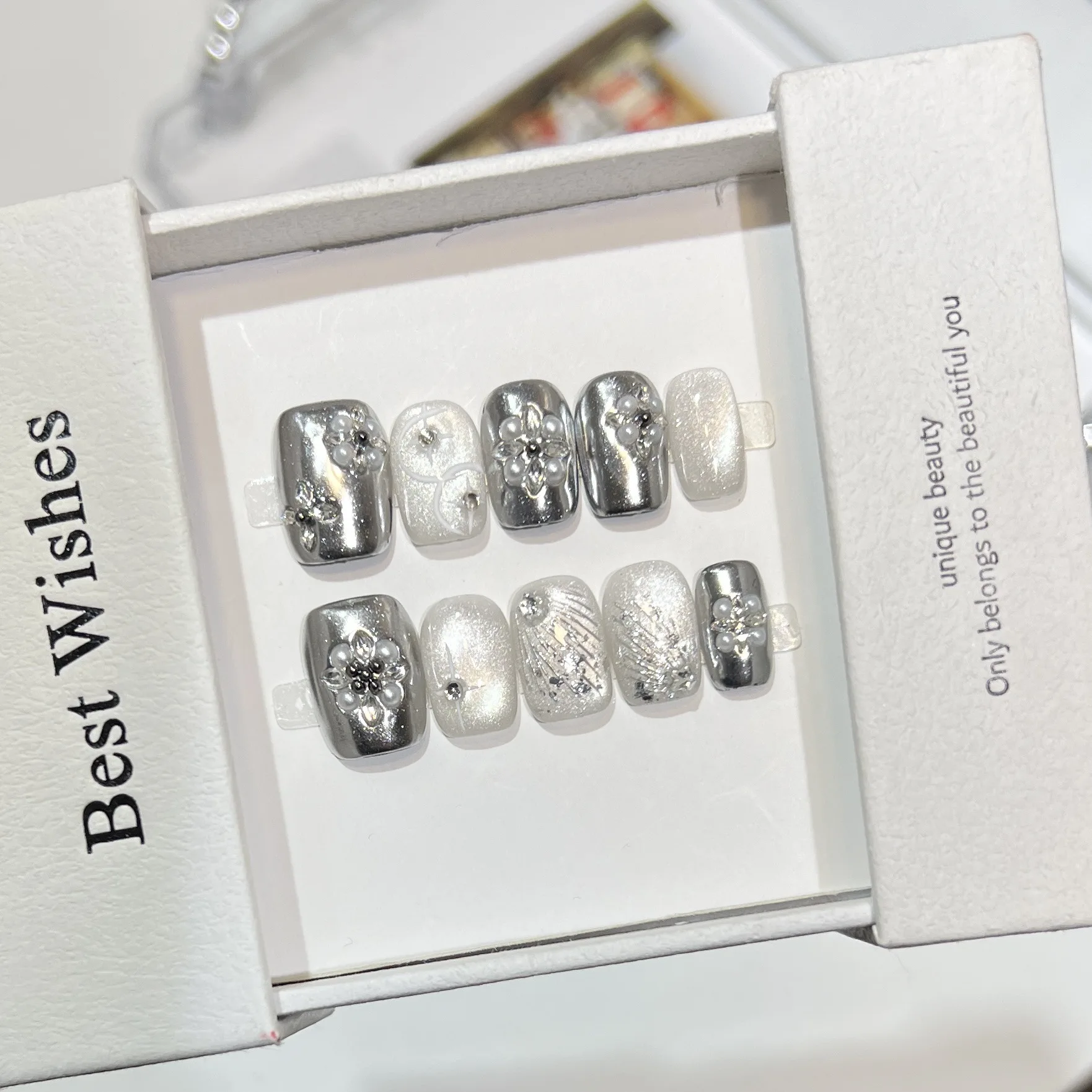 10 Uds. De cuentas de cristal bonitas, ojo de gato, prensa corta en Nail Art, espejo mágico en polvo, diamante de circón, uñas postizas hechas a mano