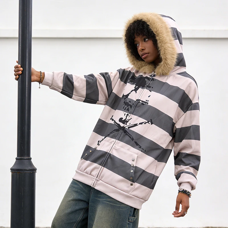 

Контрастные полосатые худи на молнии с меховой отделкой, готическим принтом скелета, винтажный уличный стиль, гранж 2000-х, повседневная толстовка с длинным рукавом