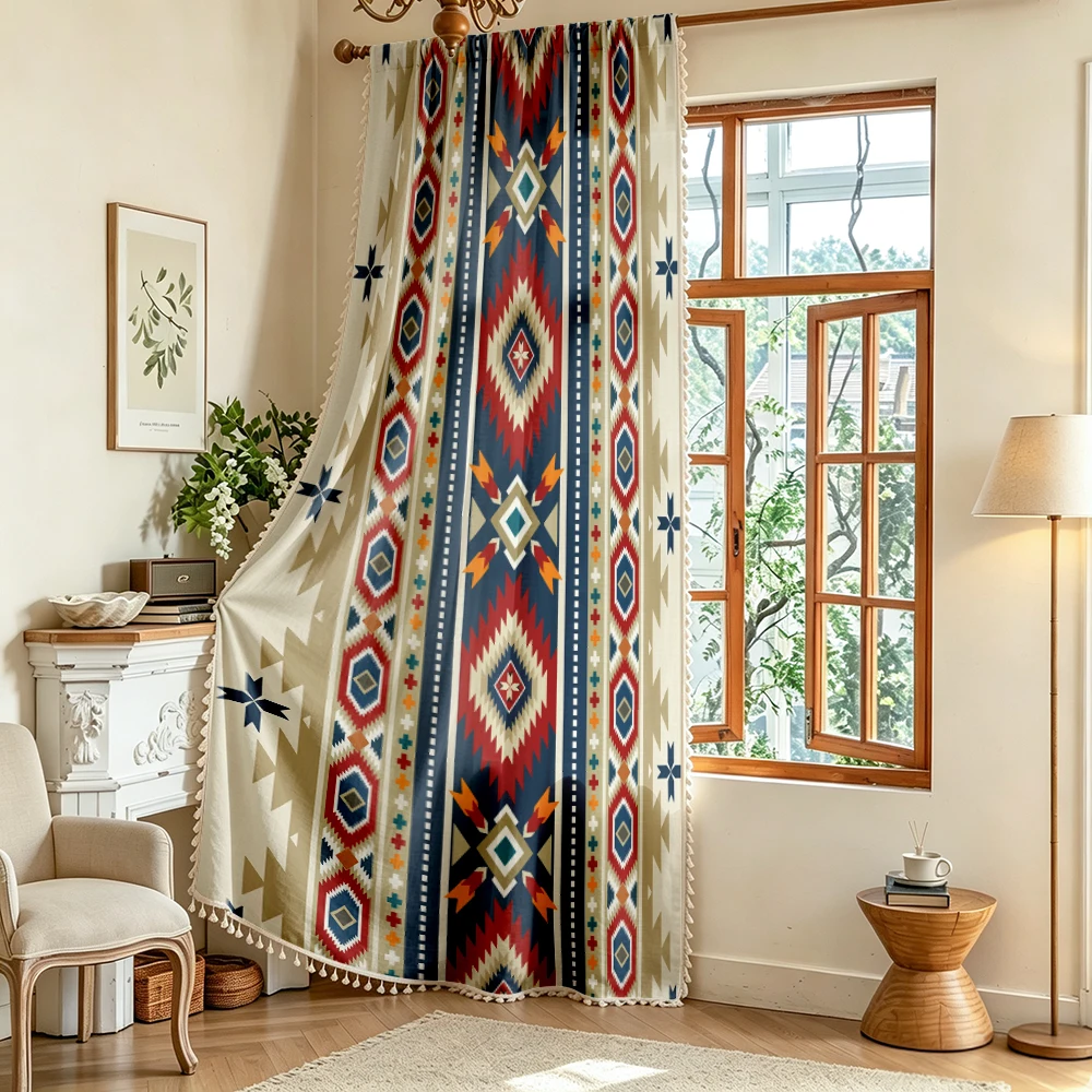 1PC Boho Tassel Sheer Curtains, Red Blue Aztec Geometric, Digital Print, Linen Polyester, Bedroom Living Room, Home Decor