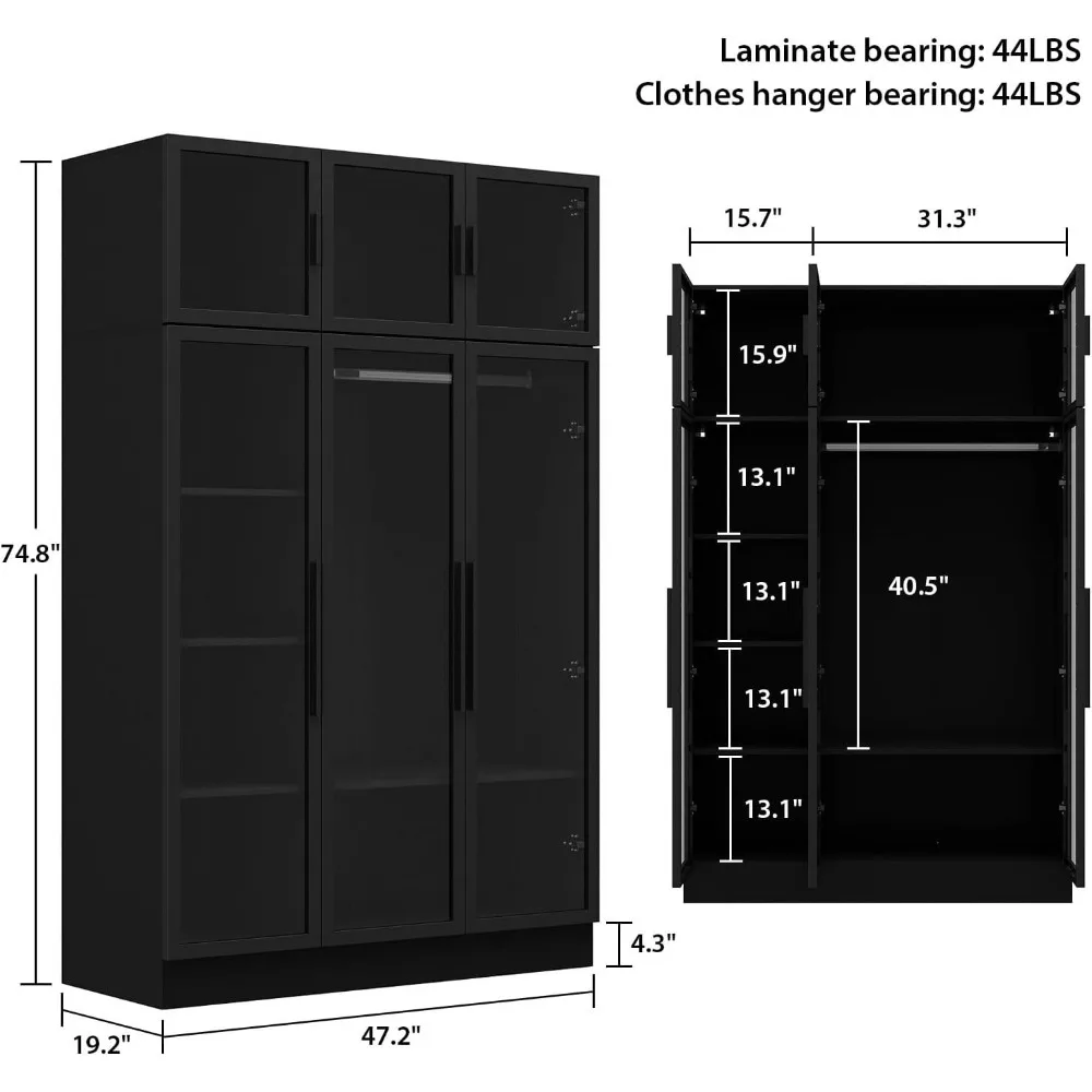 Wardrobe Closet with Lights & Hanging Rod Amoire Wardrobe with Glass Doors and Shelves Glass Wardrobe