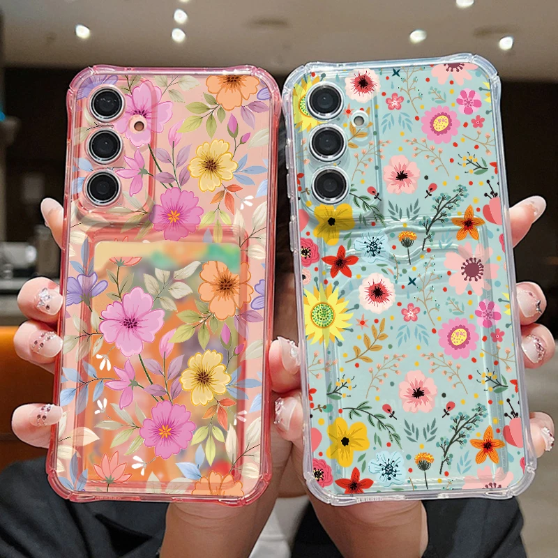 Colorful Floral Card Slot Case For Samsung S26 S25 Ultra S24 FE S23 Plus S22 S21 A15 A16 A17 A35 A36 A37 A54 A55 A56 A57 5G Capa