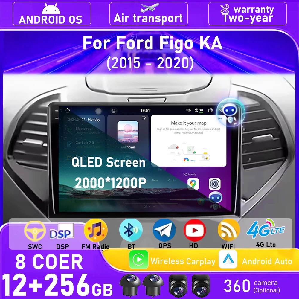 9 Inch For Ford Figo KA 2015-2020 Android 16 Auto Car Radio Multimedia Player GPS Navigation Wireless Carplay 4G Bluetooth DSP