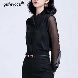 Sexy Sheer Elegant Minimalism Commute Office Lady Shirt Korean Fashion Black Long Sleeve Stand Collar Tops Blouses for Women2023