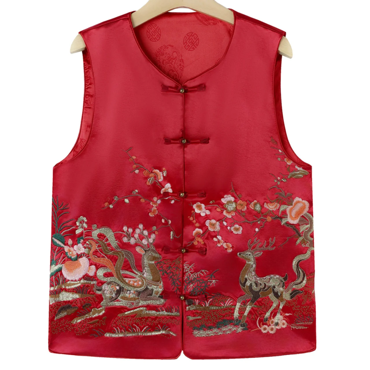 Embroidery Women Coat Satin Elegant Jacket Vest Sleeveless Shirt Round Collar Blouse Vintage Button Daily Casual Tang Clothes