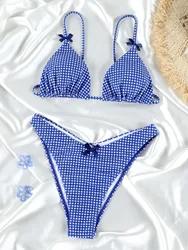 Conjunto de Bikini de realce con lazo para mujer, traje de baño a cuadros con cordón, ropa de playa de dos piezas, traje de baño de vendaje