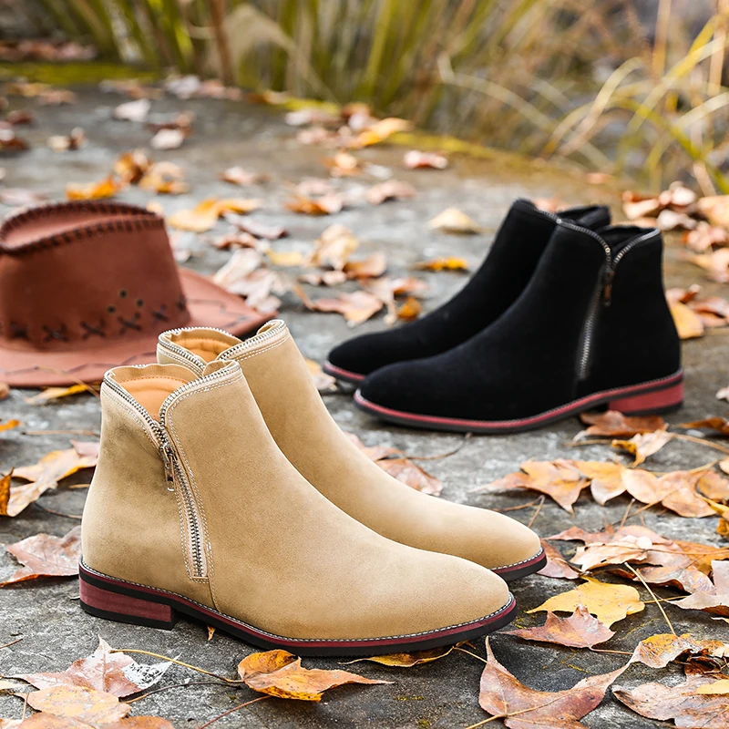Size 38-46 Classic Men Pointed Short Boots Black Beige Side Zipper British Casual Business Leather Boots Social Boots Man