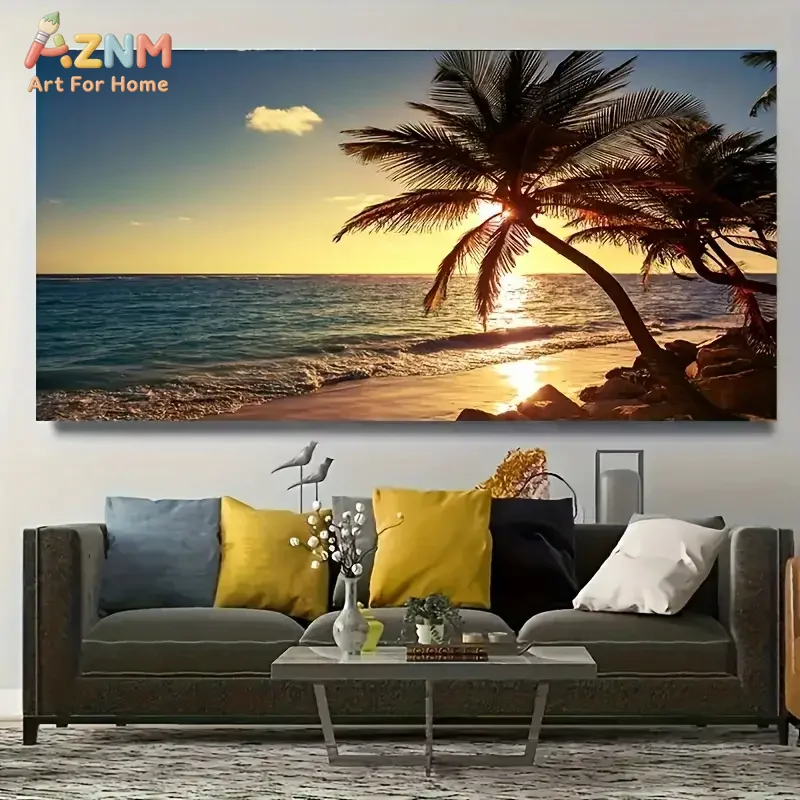 AZNM Tropical Beach Sunset Palm Tree Canvas Wall Art Print, Ocean View Seascape Poster for Living Room Home Decor, No Frame