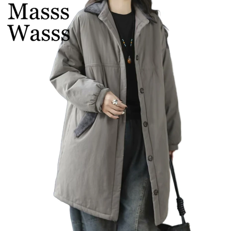 Masss Wasss Winter Females Fashion Warm Casual Parkas Corduroy Oversized Long Padded Jeackets Leisure Luxury Ladies Thicken Coat