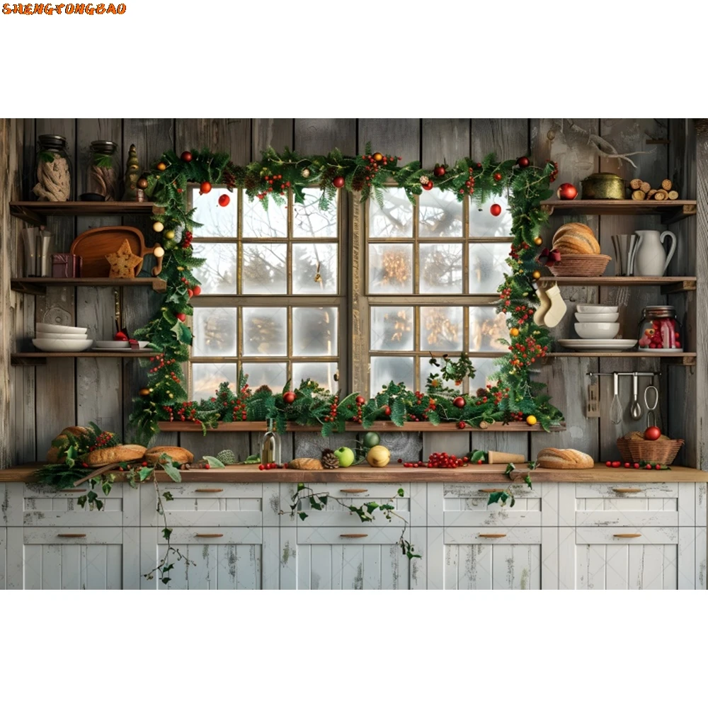 คริสต์มาสห้องครัวการถ่ายภาพฉากหลังฤดูหนาว Vintage ตู้หน้าต่างคริสต์มาสเด็กครอบครัวภาพพื้นหลังตกแต่ง Photo Studio