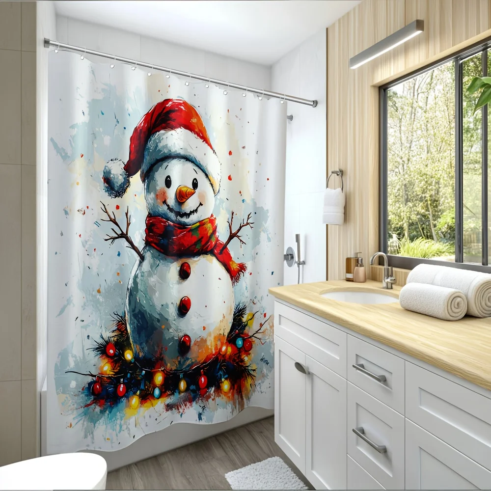 Suige Home Snowman Shower Curtain - Winter Bathroom Decor with Snowman in Santa Hat & Scarf, Red Buttons
