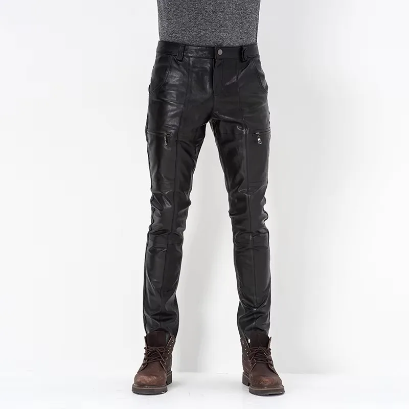 Men's Genuine Sheepskin Leather Pants Motorcycle Riding Trousers Male Tights for Cycling Autumn Winter Warm Comfortable