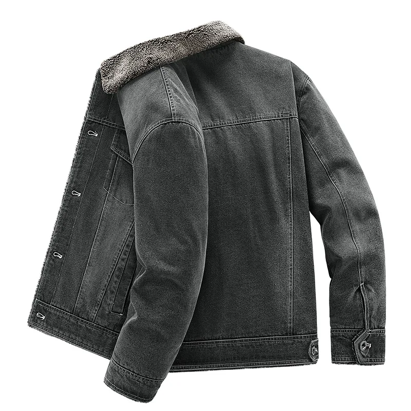 New Men's Denim Fleece Lined Thickened Cotton Jacket Warm Top Midlife Jacket Autumn Winter Outerwear Casual Loose Fit Plus Size