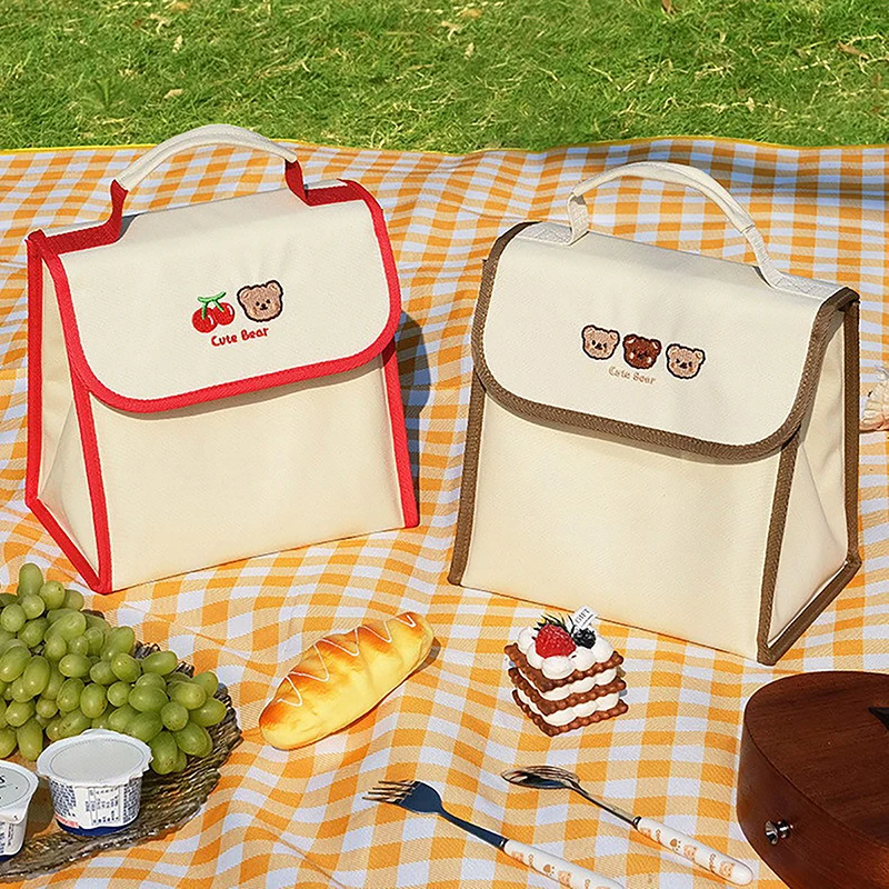 Cute Lunch Bag Large Capacity Canvas Anti-cooling Handbag Aluminum Foil Insulated Food Box Office Worker Portable Bento Bag