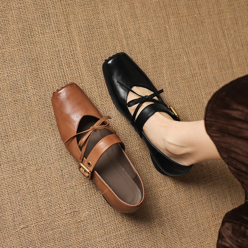 2026 new spring autumn women pumps natural leather 22-25cm washed cowhide+pigskin square toe buckle mary janes women shoes