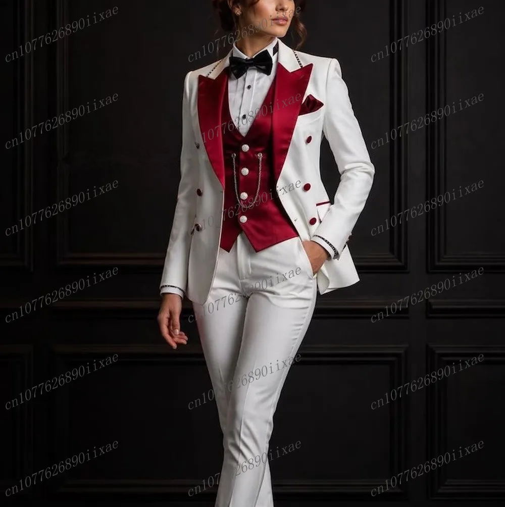

White And Red Women Suits Lady Business Tuxedos Mother Wedding Party Formal Ladies 3 Piece Set Jacket Vest Pantsi