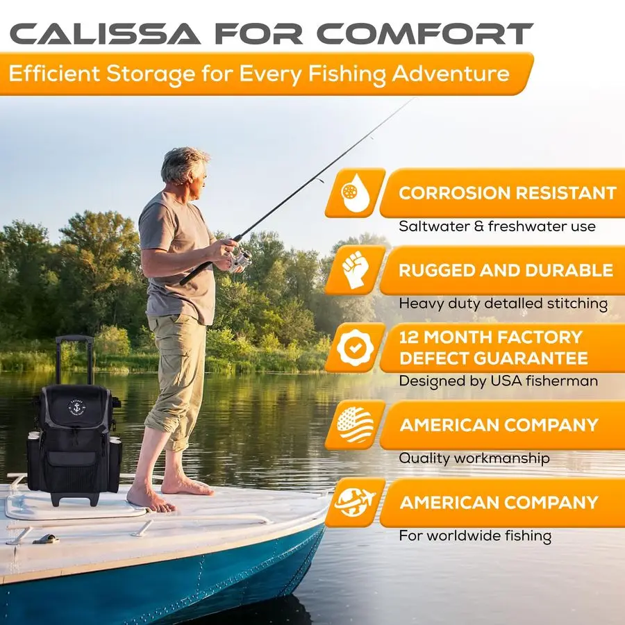 صندوق أدوات صيد السمك المتدحرج في الخارج مع عجلات، حقيبة ظهر صيد مقاومة للماء مع حامل قضيب وحقيبة تخزين دوارة #5