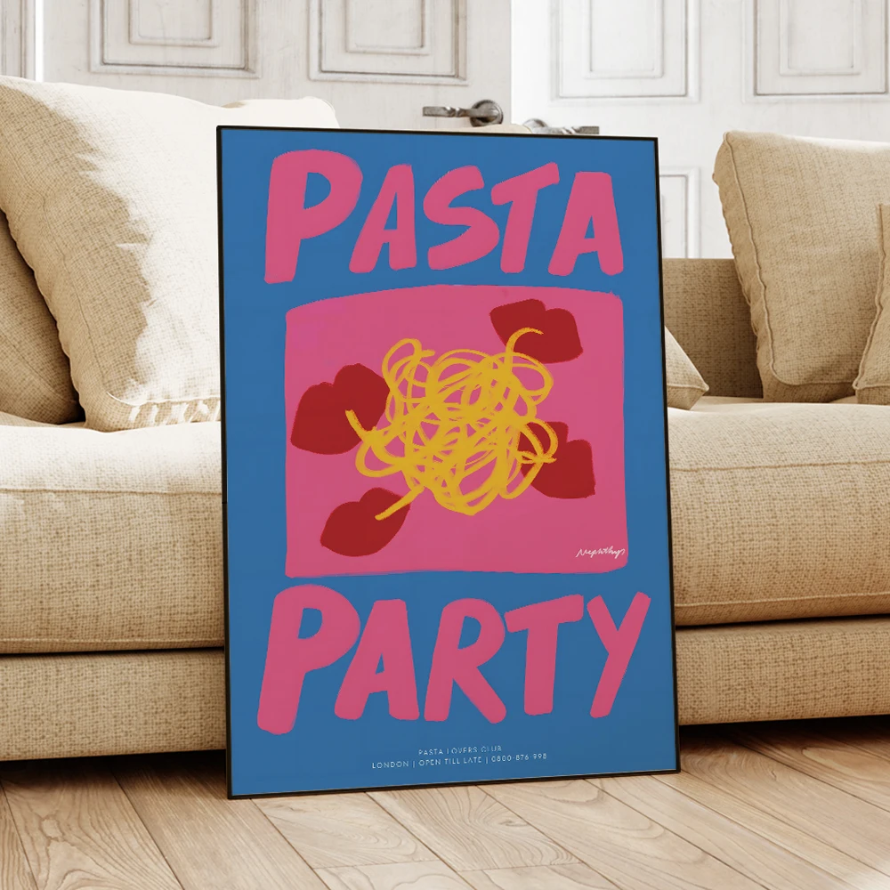 Maximalist Eclectic Blue Pasta Party Lovers Club Quotes Wall Art Frame Canvas Painting Posters Living Room Home Decor