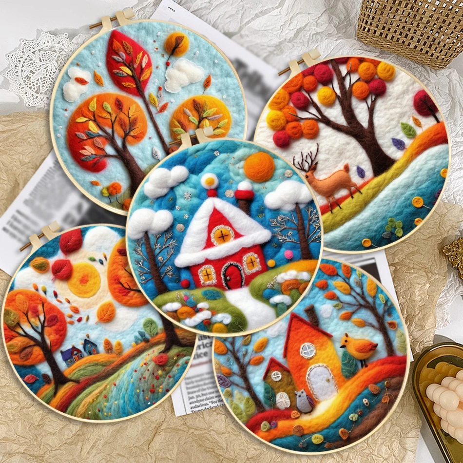 

Autumn tree Scenery Wool Felting Painting Embroidery Kit DIY Felt Package Funny Wool Needle Felt Picture Kit Handmade Home Decor