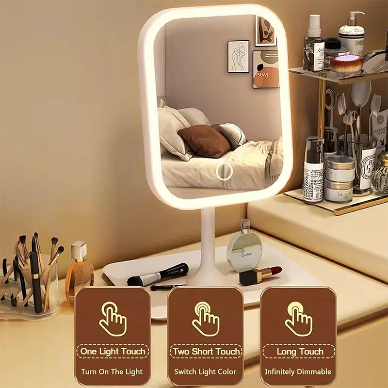 New 3 Colors Dimmable Lights Rechargeable LED Vanity Mirror - Touch Control Portable Cosmetic Mirror for Home Bedroom Travel