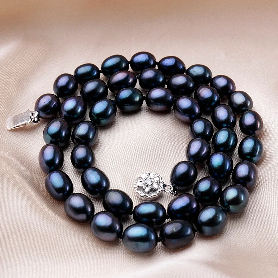 New Arrival 8-9 mm Natural Freshwater Black Pearl Jewelry Necklace 925 Sterling Silver Flower Buckle Fine Jewelry For Women