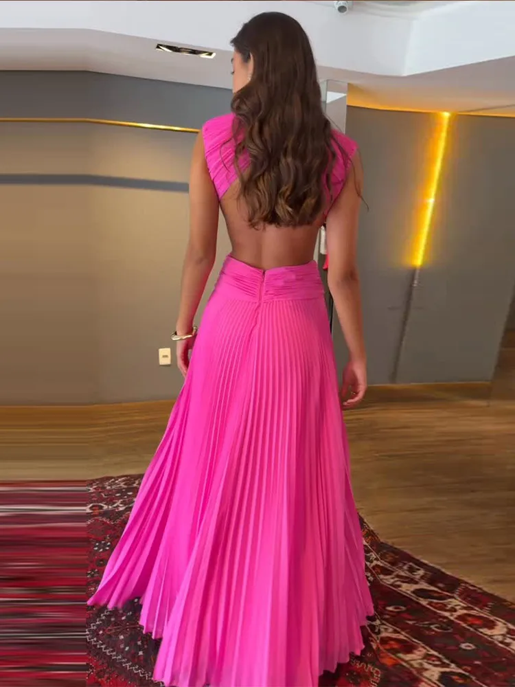 Plissiertes Taillenschnürendes Langes Kleid Damen Sexy Rundhals Ärmellos Rückenfrei Schlankes Party-Abendkleid Charmante Damen-Partykleidung – Detail 27