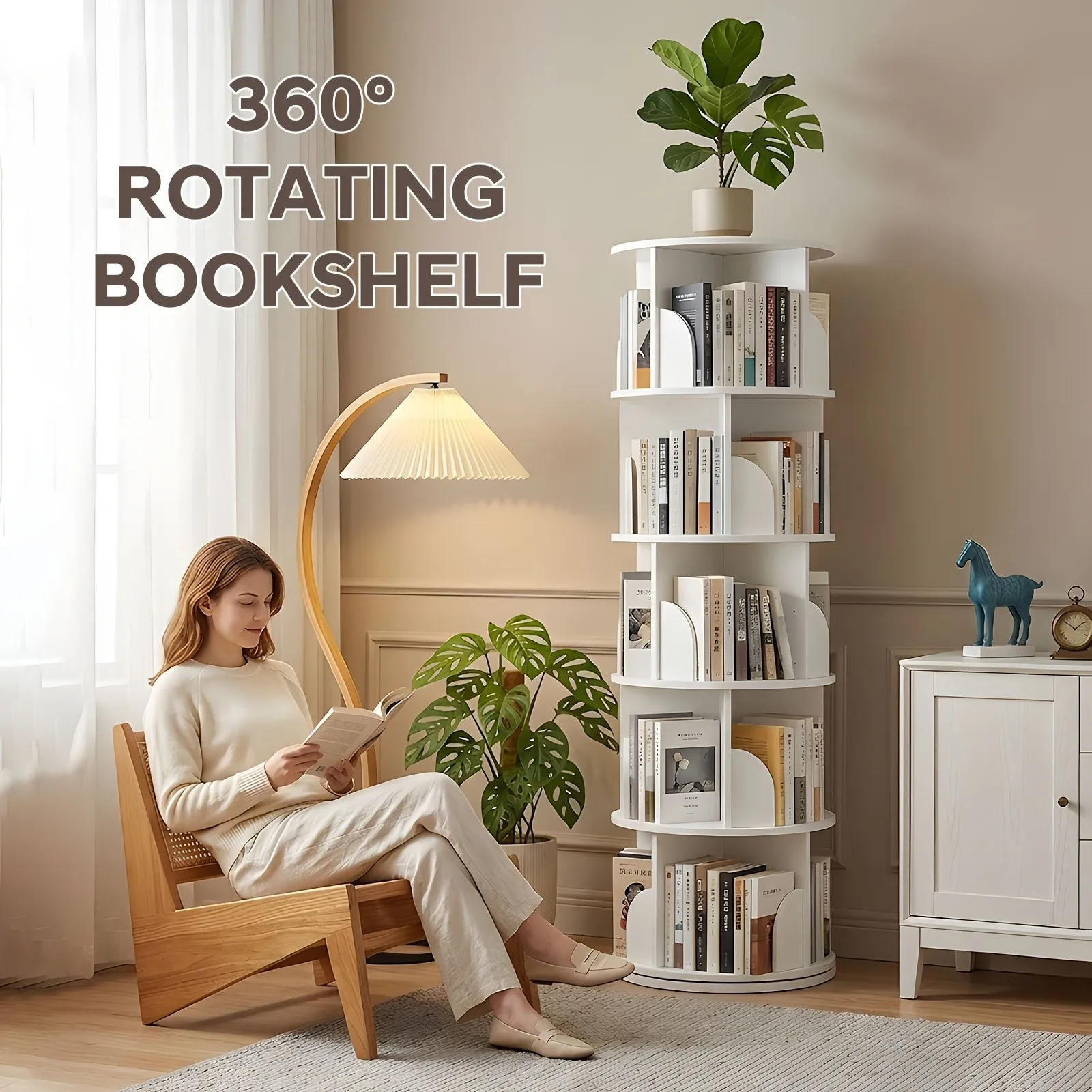 360 °   Étagère rotative, bibliothèque pivotante autoportante à 5 niveaux, support d'affichage d'angle peu encombrant, organisateur de rangement polyvalent pour enfants, adultes, chambre à coucher, salon, bureau à domicile, petits espaces.