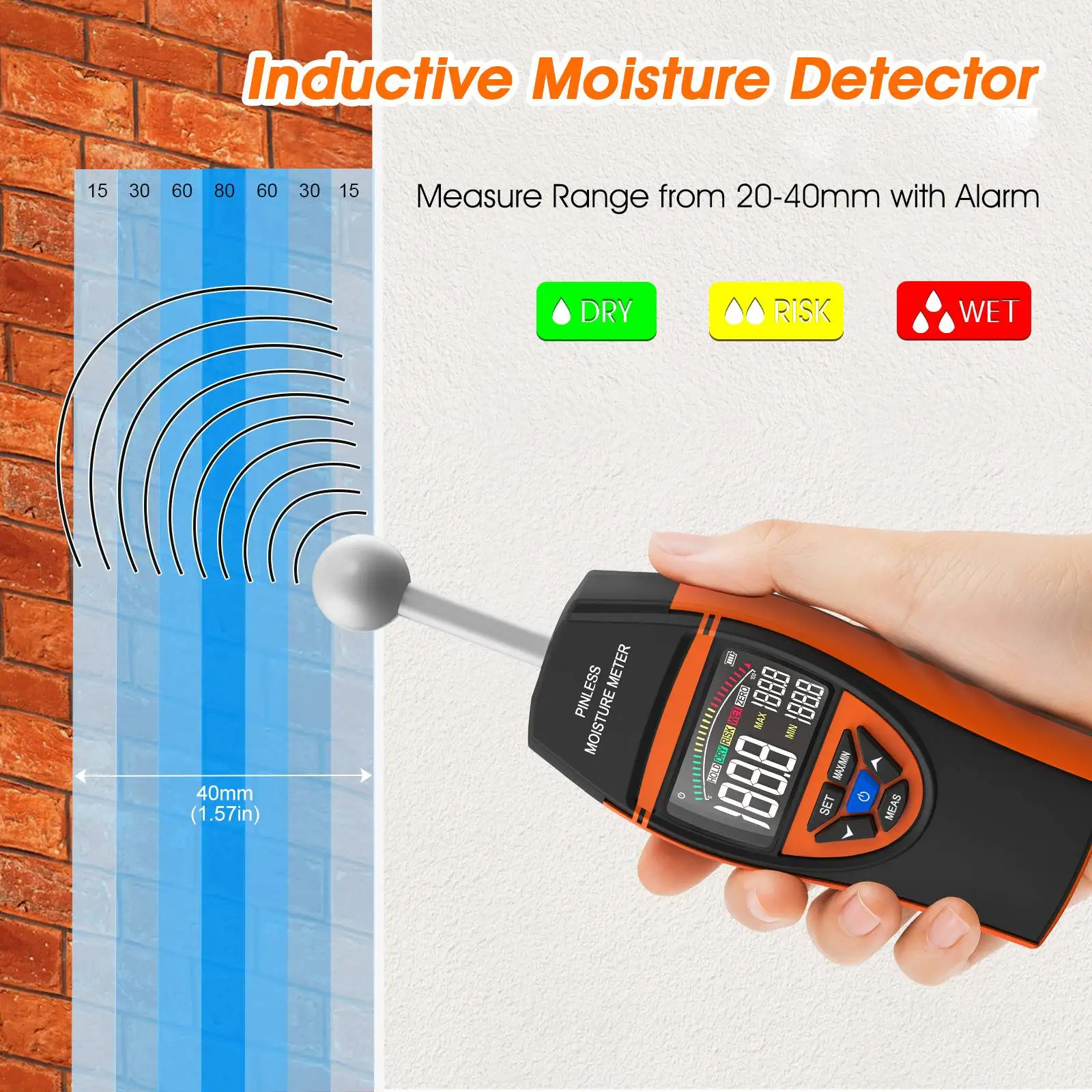 Digital Moisture Meter Non-Contact, 20-40mm Detection Depth for Wood Walls Concrete, Pinless Damp Tester with Color Screen