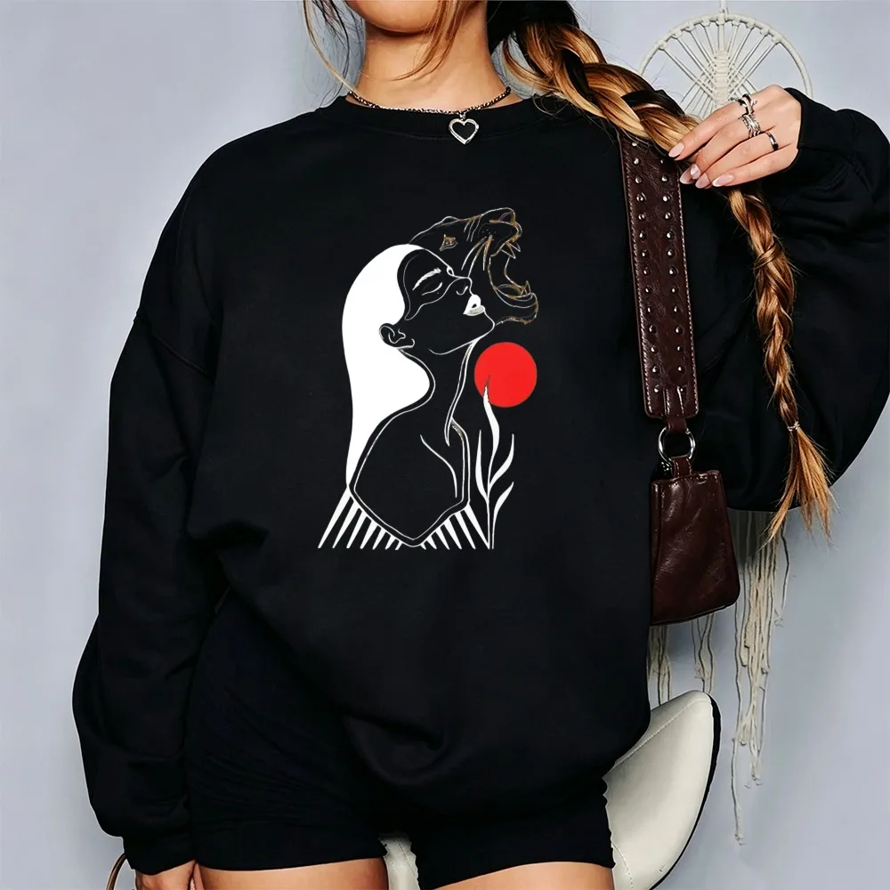 Abstract Woman and Panther Red Sun Graphic Crewneck Sweatshirt Line Art Wild Animal Print Pullover Aesthetic Artistic Minimalist