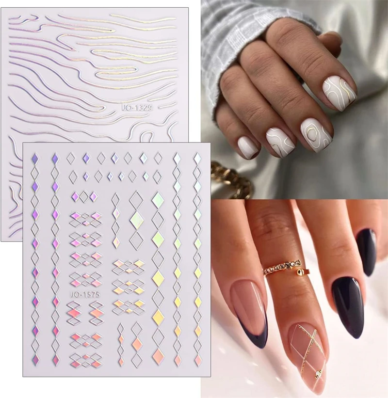 12 Sheets Line Nail Art Stickers 3D Aurora Nail Sticker Holographic Silver Stripe Nail Decals Wave Lines French Style Decoration