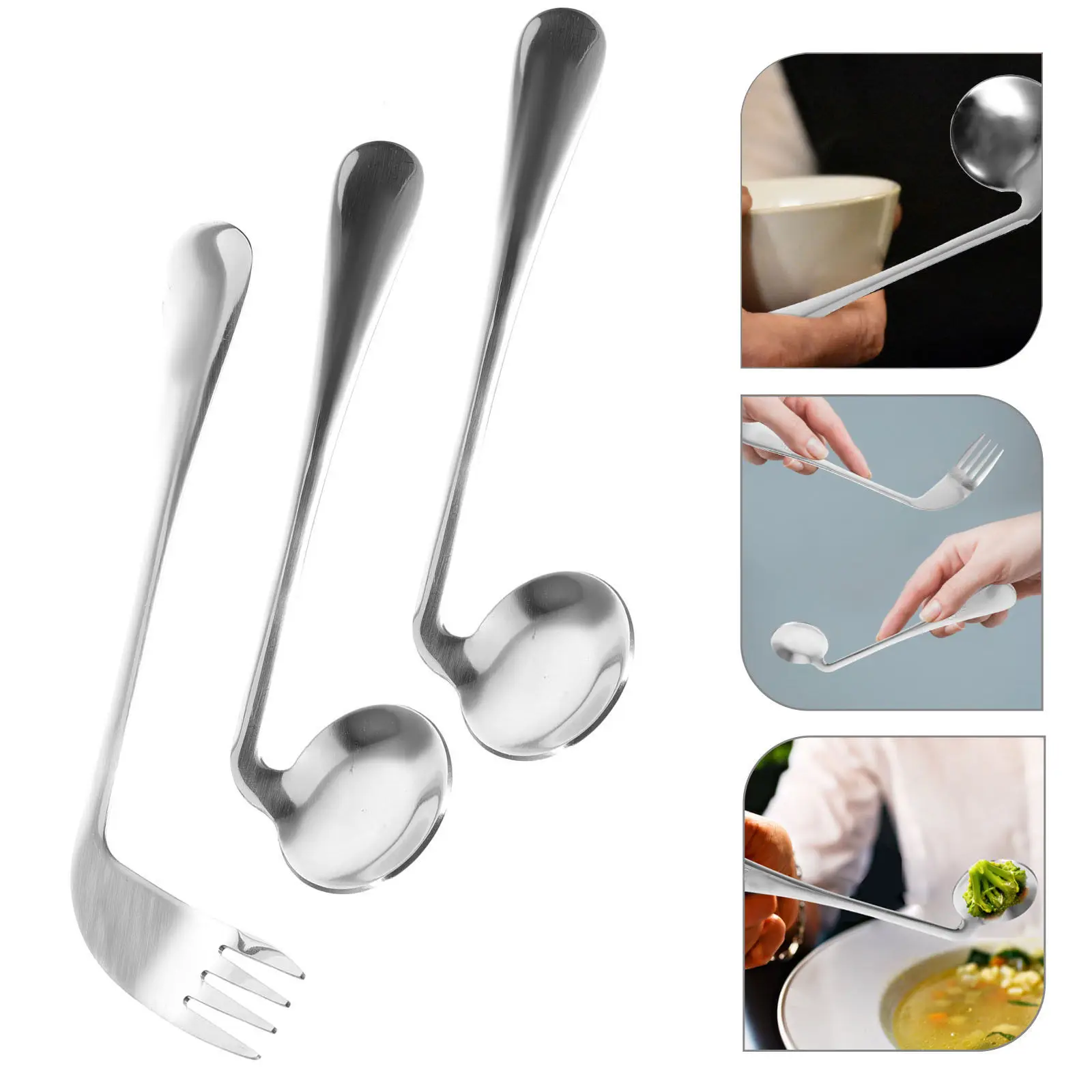 1Set Stainless Steel Angled Spoon Fork Auxiliary Feeding Utensil for Elderly Disabled Patients Ergonomic Safe Curved