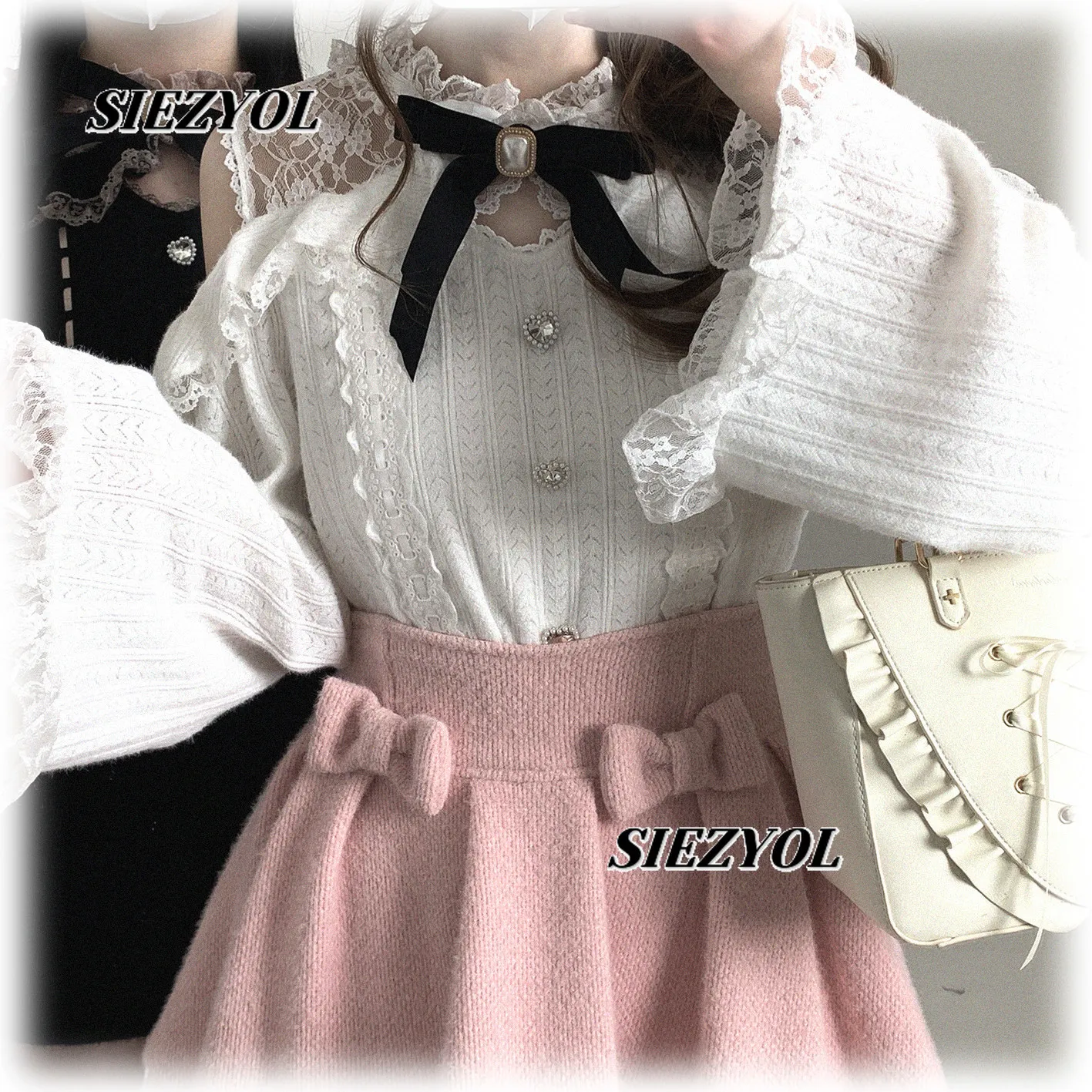 Original Autumn and Winter New Lace Perspective Off-the-shoulder Top Sweet Girl Stand-up Collar Bow Long-sleeved T-shirt