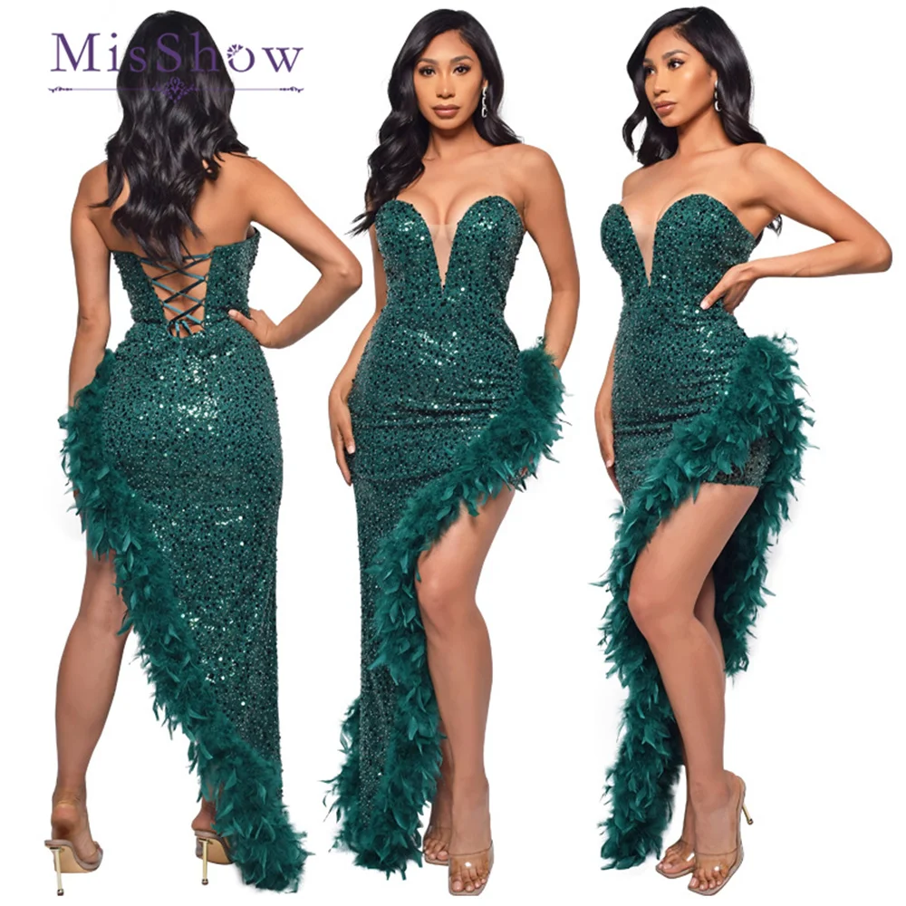 MisShow Elegant Feather Sequin Prom Dresses 2023 Sexy Shiny Strapless Asymmetrical Long Lace Up Cocktail Party Gowns For Women