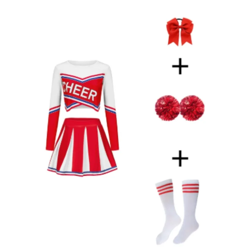 طقم تنورة بأكمام طويلة للفتيات للتشجيع، ملابس رياضية لطيفة للأطفال من بوم بومس، ملابس حفلات العودة إلى موسم المدرسة #1