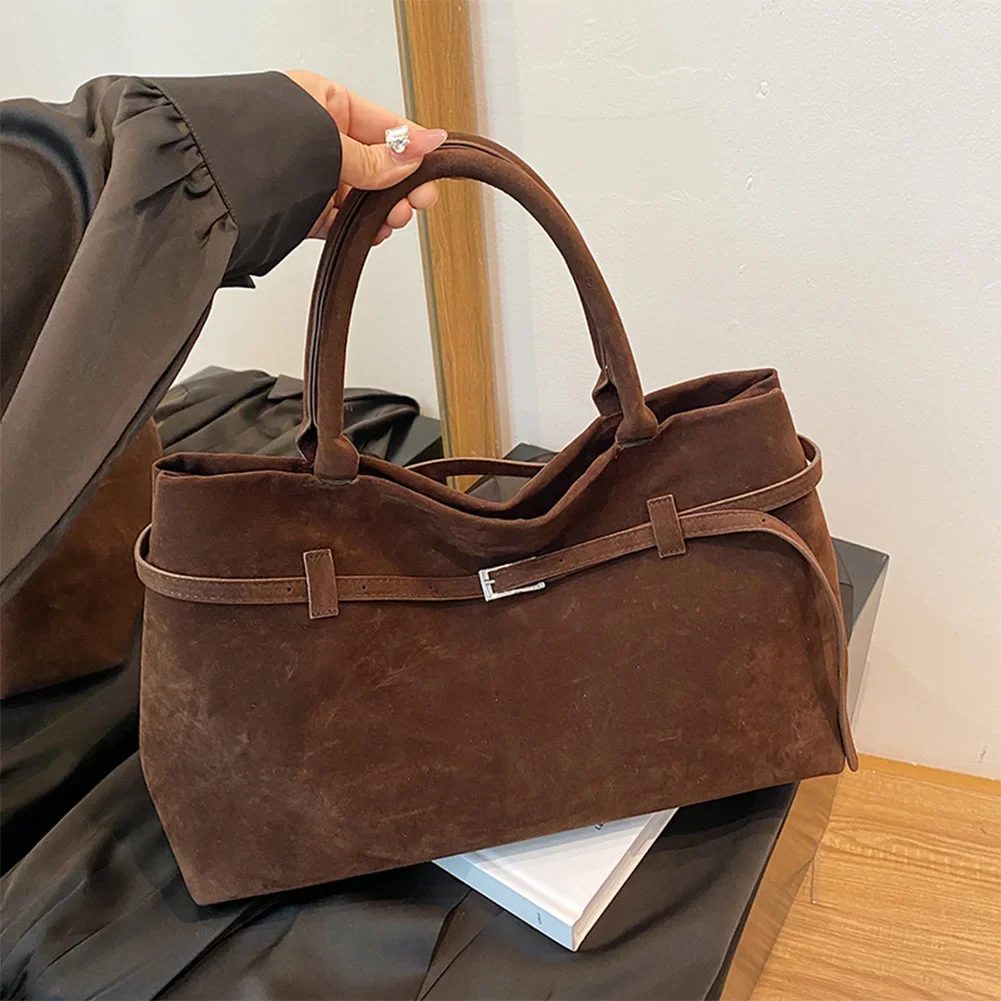 

Women Suede Top Handle Bag Large Capacity Handbag Solid Color Shoulder Bag Vintage for Work Travel