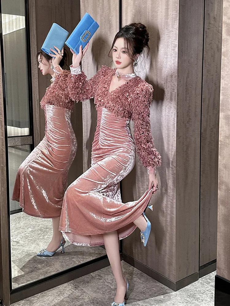 

Spring New Women's French Style V Neck Fur Stitching Pleated Velvet Slim Dress