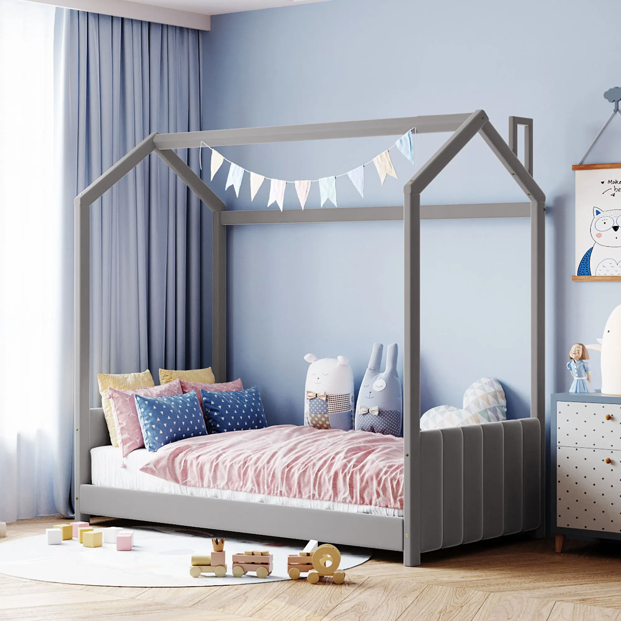 

Twin Size Velvet House Bed, Wood Bed Frame, Gray 80.30x41.20x75 in.