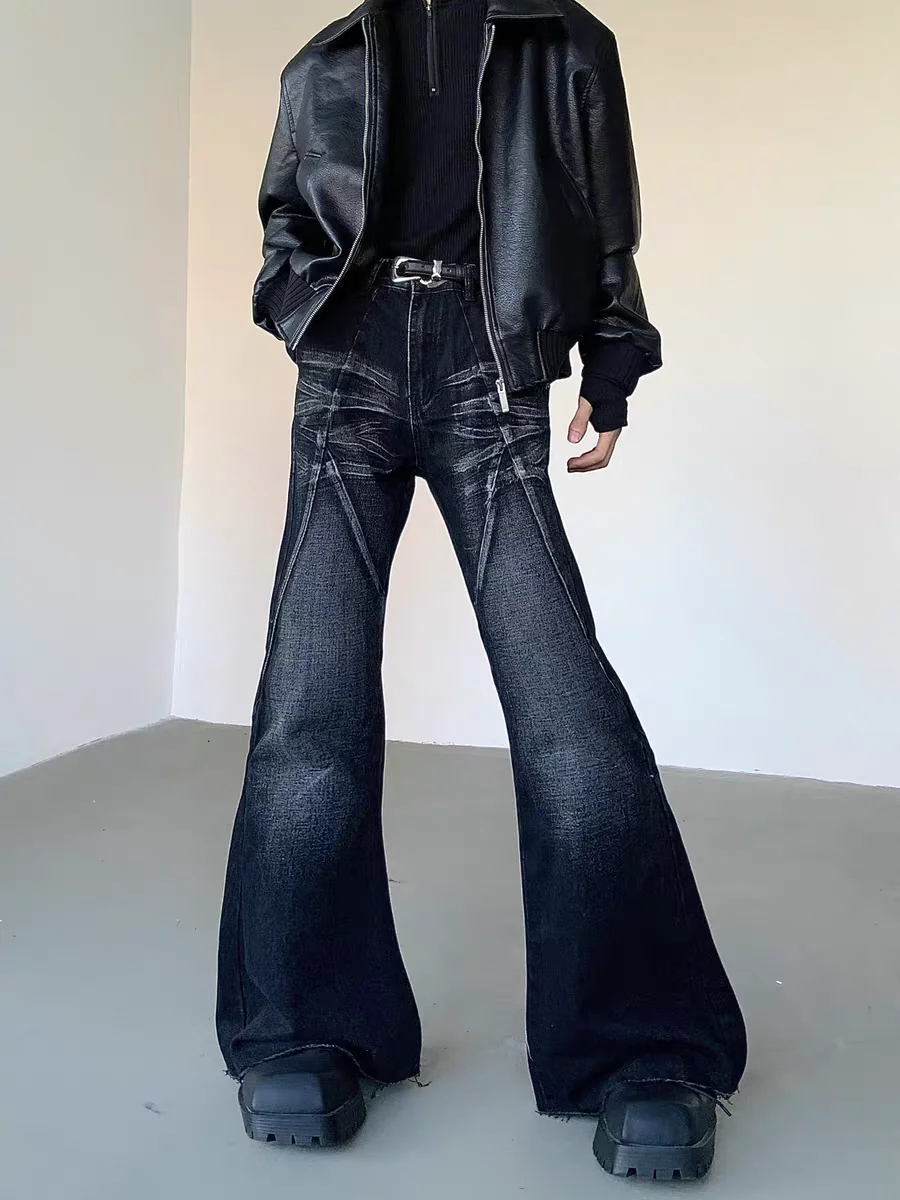 

American Style Retro Washed Micro Flared Jeans Men's High Design Sense Dark Style Denim Pants Youth Casual Commute Jeans