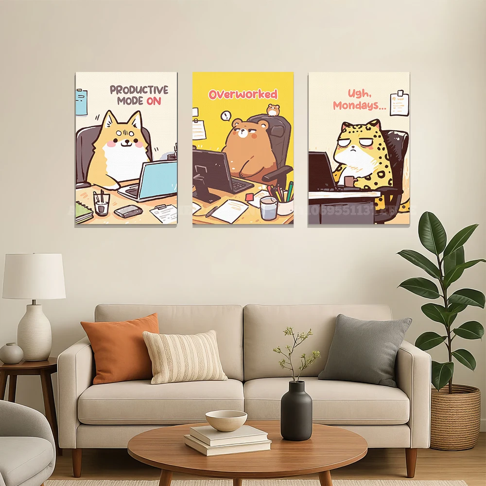 Funny Working Animal Unframed Canvas Wall Art Cute Cartoon Office Pet Prints Poster for Workplace Study Room Wall Decor